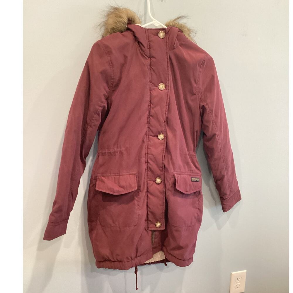 Abercrombie & Fitch Womens Y2K Fur Lined Jacket Size S Burgundy Preppy Layers - Picture 1 of 13